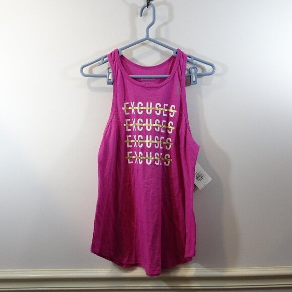 REEBOK High Neck Tank Excuses Size S NEW Raspberry Pink Gold Foil Workout Gear - Picture 1 of 6